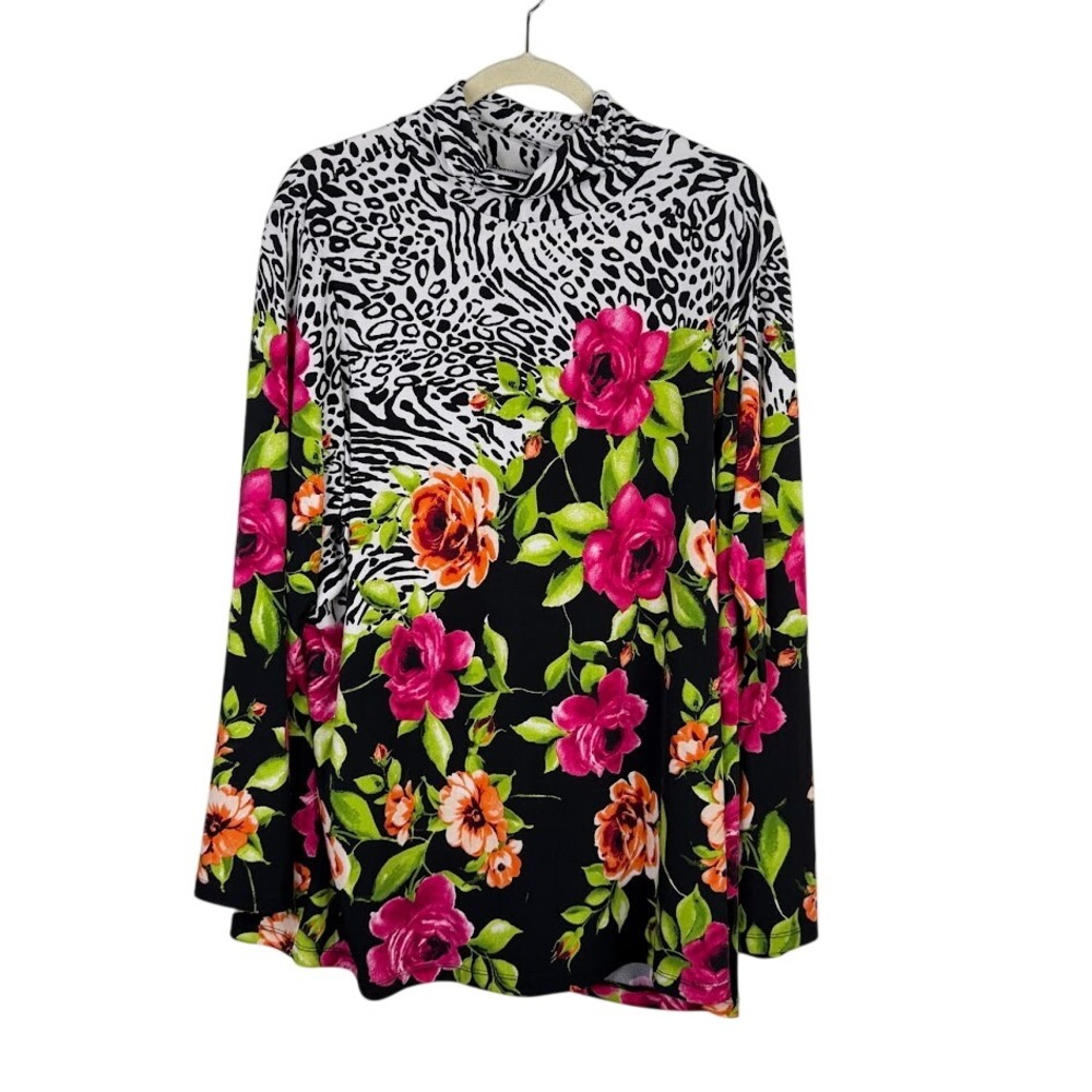 Susan Graver 2X Floral Animal Print Liquid Knit Top Long Sleeve Maximalist Black